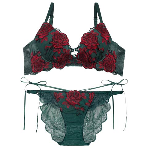 3/27新作!【Reinest】グラマラスビターローズブラジャー&バック透けフルバックショーツ[推し](グリーン-A65/ショーツM)