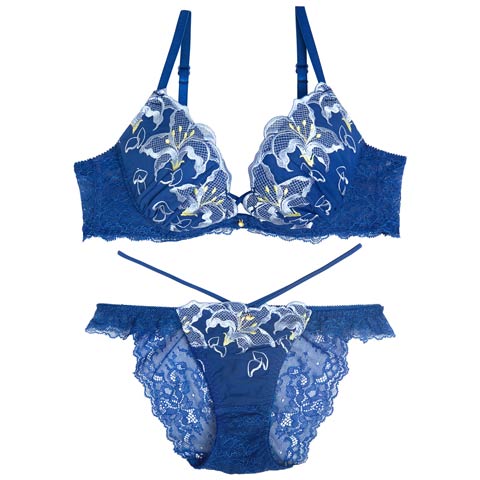9/13再販!【永尾まりや着用】【Reinest】ノクターンブルームリリーブラジャー&バック透けフルバックショーツ［99］[推し](ダークブルー-A65/ショーツM)