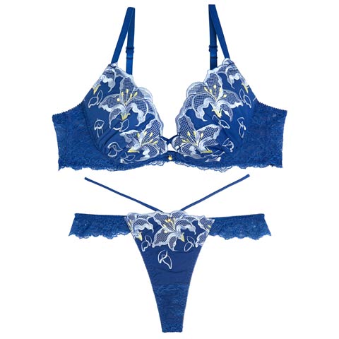 9/13再販!【永尾まりや着用】【Reinest】ノクターンブルームリリーブラジャー&バック透けTバックショーツ[推し](ダークブルー-A65/ショーツM)