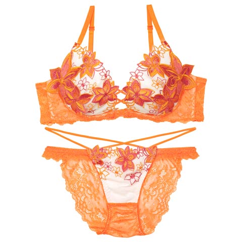 9/9再販!【EFサイズ】グロッシィフラワーエンブロイダリー育乳ブラジャー&フルバックショーツ[推し](オレンジ-A65/ショーツM)
