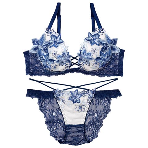 9/9再販!【EFサイズ】グロッシィフラワーエンブロイダリー育乳ブラジャー&フルバックショーツ[推し](ネイビー-A65/ショーツM)