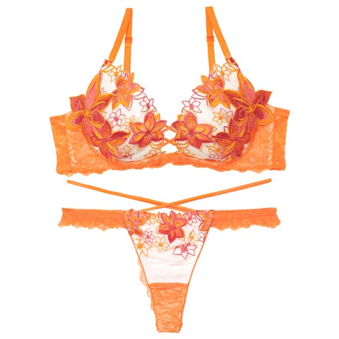 9/9再販!【三上悠亜着用】グロッシィフラワーエンブロイダリー育乳ブラジャー&Tバックショーツ[推し](オレンジ-A65/ショーツM)
