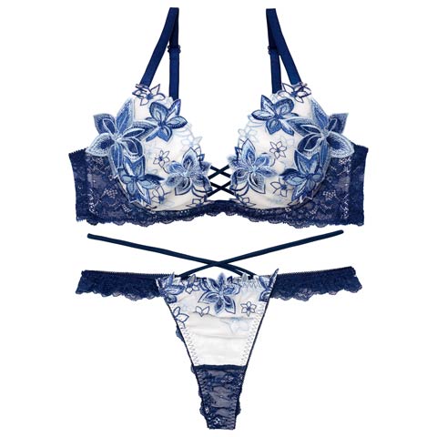 9/9再販!【三上悠亜着用】グロッシィフラワーエンブロイダリー育乳ブラジャー&Tバックショーツ[推し](ネイビー-A65/ショーツM)