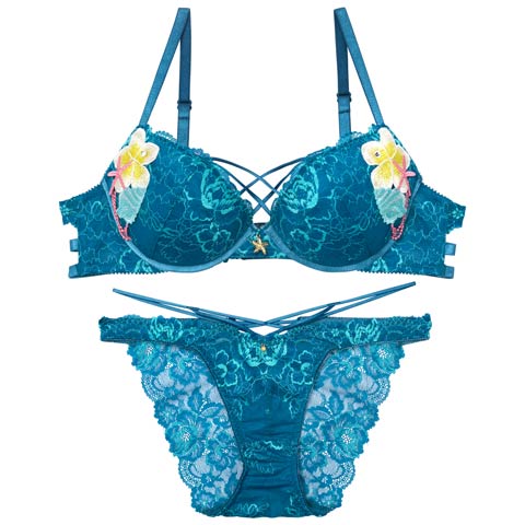 9/9再販!【Reinest】【永尾まりや着用】アクアオーシャンプルメリアブラジャー&バック透けフルバックショーツ[推し](マリンブルー-A65/ショーツM)