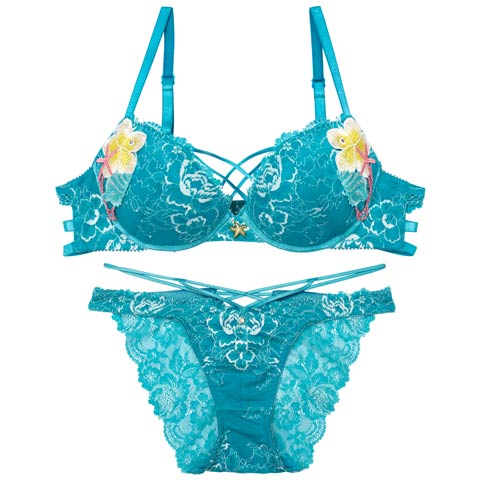 9/9再販!【Reinest】【永尾まりや着用】アクアオーシャンプルメリアブラジャー&バック透けフルバックショーツ[推し](ターコイズブルー-A65/ショーツM)