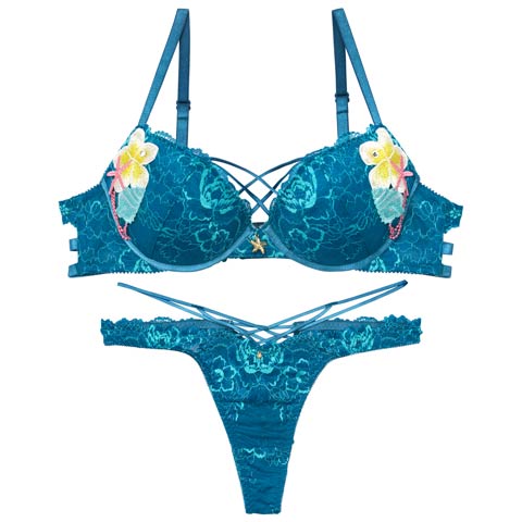 9/9再販!【Tバック】【Reinest】【永尾まりや着用】アクアオーシャンプルメリアブラジャー&バック透けTバックショーツ[推し](マリンブルー-A65/ショーツM)