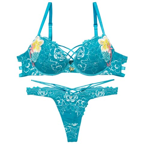 9/9再販!【Tバック】【Reinest】【永尾まりや着用】アクアオーシャンプルメリアブラジャー&バック透けTバックショーツ[推し](ターコイズブルー-A65/ショーツM)