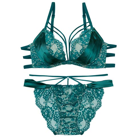 12/2再販!【Reinest】グラマラスサテンコードブラジャー&バック透けフルバックショーツ[推し](グリーン-A65/ショーツM)