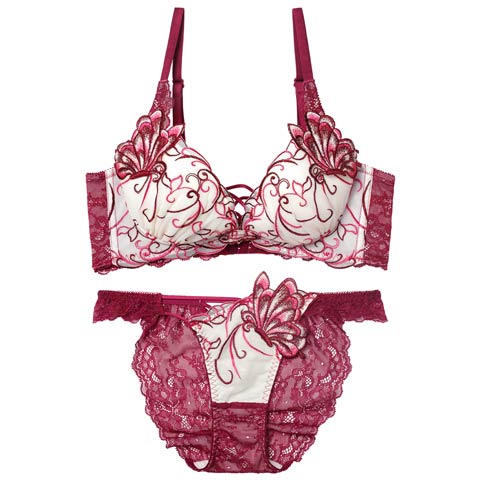 11/26新作!【Reinest】【永尾まりや着用】アラベスクパピヨンレース育乳★魔法のブラジャー&バック透けフルバックショーツ[推し](ワイン-A65/ショーツM)