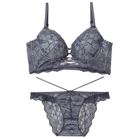 12/17新作!【Reinest】ラグジュアリーレースアップ背中魅せブラジャー＆バック透けフルバックショーツ[推し](ダークグレー-A65/ショーツM)