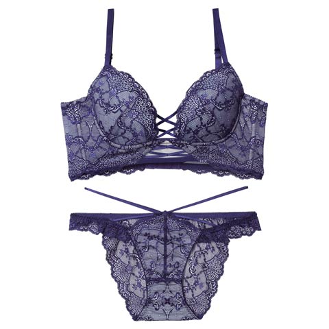 12/17新作!【Reinest】ラグジュアリーレースアップ背中魅せブラジャー＆バック透けフルバックショーツ[推し](ネイビー-A65/ショーツM)