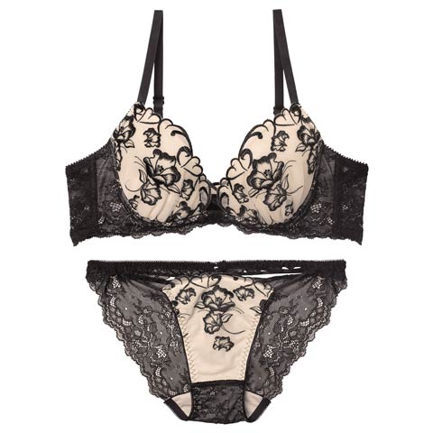 1/5新作!【永尾まりや着用】【Reinest】クレールフィーユレースアップブラジャー&バック透けフルバックショーツ[推し](ブラック-A65/ショーツM)