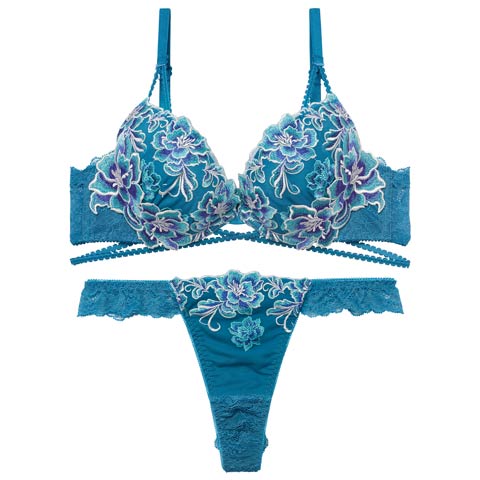 1/26新作!【Tバック】【Reinest】グラマラスブーケコードブラジャー＆バック透けTバックショーツ[推し](ブルー-A65/ショーツM)