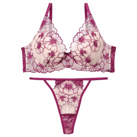 12/27再販!【Tバック】【Reinest】ロマンスビオラエンブロイダリーブラジャー&バック透けTバックショーツ [推し](ワインレッド-A65/ショーツM)