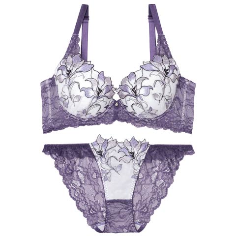 8/30再販!【Reinest】【永尾まりや着用】トワイライトリリーレース育乳★魔法のブラジャー&バック透けフルバックショーツ[推し](パープル-A65/ショーツM)