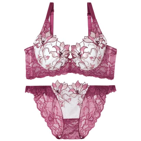 8/30再販!【Reinest】【永尾まりや着用】トワイライトリリーレース育乳★魔法のブラジャー&バック透けフルバックショーツ[推し](ワイン-A65/ショーツM)