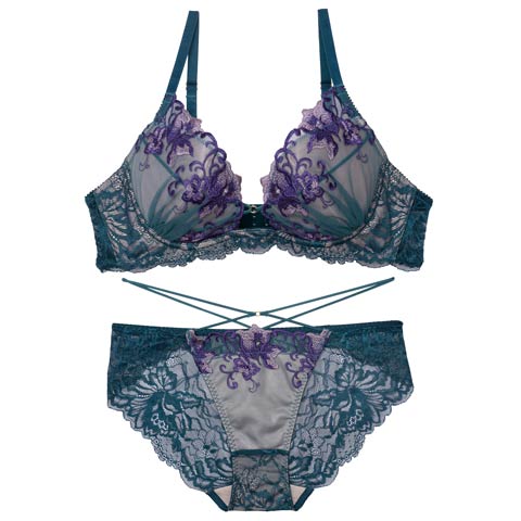 9/30再販!【永尾まりや着用】【Reinest】シックブロッサムコードブラジャー&バック透けフルバックショーツ[推し](ブルー-A65/ショーツM)