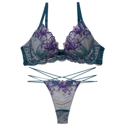 9/30再販!【Tバック】【永尾まりや着用】【Reinest】シックブロッサムコードブラジャー&バック透けTバックショーツ[推し](ブルー-A65/ショーツM)