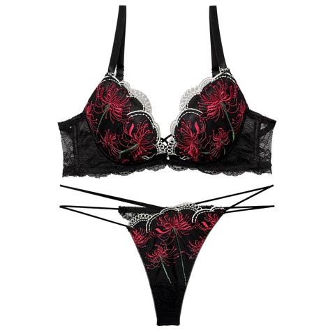 10/4再販!【Tバック】【Reinest】スパイダーリリーレースブラジャー&バック透けTバックショーツ[推し](ブラック-A65/ショーツM)