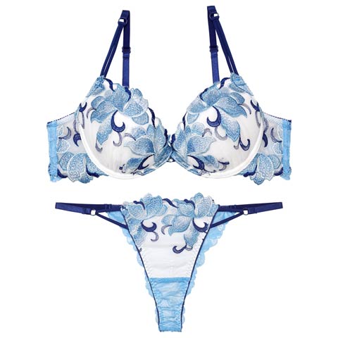 【Tバック】【Reinest】【永尾まりや着用】ルミナスクイーンフラワーブラジャー&バック透けTバックショーツ[推し](ブルー-A65/ショーツM)