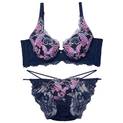 7/14新作!【Reinest】【永尾まりや着用】エレガンスパピヨンフルール育乳★魔法のブラジャー&バック透けフルバックショーツ[推し](ネイビー-A65/ショーツM)