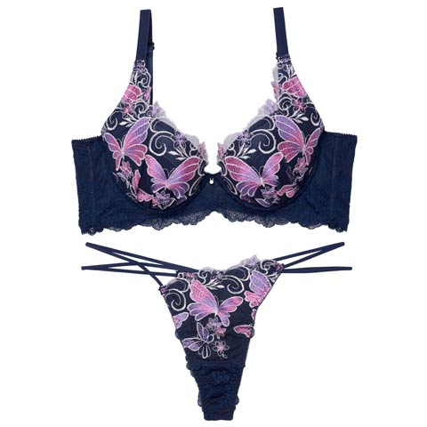 7/14新作!【Tバック】【Reinest】【永尾まりや着用】エレガンスパピヨンフルール育乳★魔法のブラジャー&バック透けTバックショーツ[推し](ネイビー-A65/ショーツM)