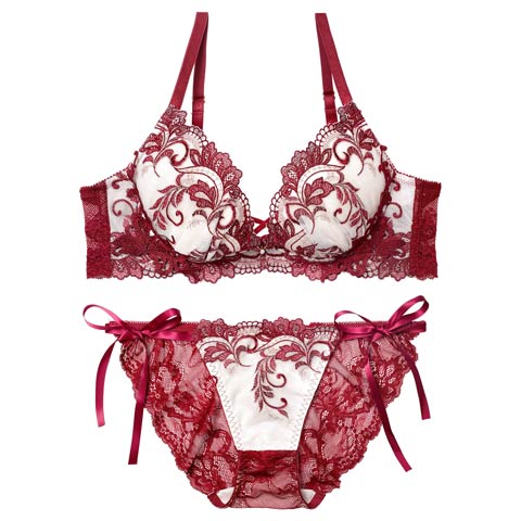 11/14新作!【Reinest】【永尾まりや着用】バロックリーフエンブロイダリーブラジャー&サイド紐バック透けフルバックショーツ[推し](ボルドー-A65/ショーツM)
