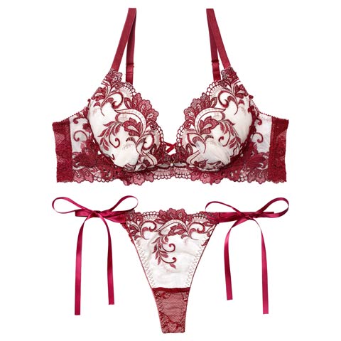 11/14新作!【Tバック】【Reinest】【永尾まりや着用】バロックリーフエンブロイダリーブラジャー&サイド紐バック透けTバックショーツ[推し](ボルドー-A65/ショーツM)