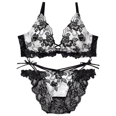 2/18新作!【永尾まりや着用】【Reinest】ラディアントブロッサムブラジャー&バック透けフルバックショーツ(ブラック-A65/ショーツM)