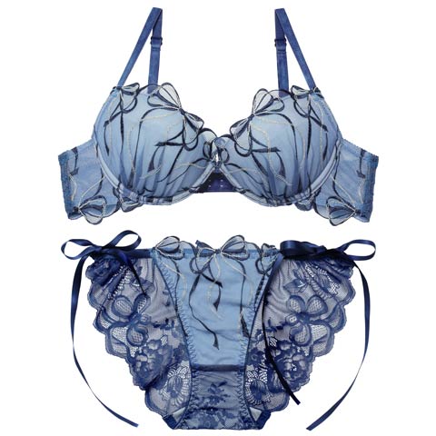 2/25新作!【永尾まりや着用】【Reinest】メロウリボンレースブラジャー&サイド紐バック透けフルバックショーツ[推し](ネイビー-A65/ショーツM)