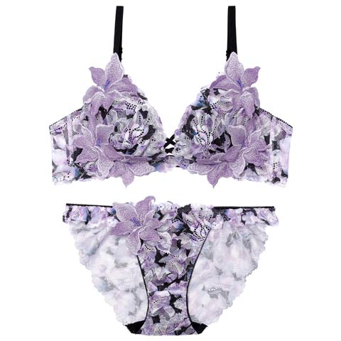 4/6新作!【Reinest】【永尾まりや着用】ルミナスリリーブロッサムブラジャー&バック透けフルバックショーツ[推し](パープル-A65/ショーツM)