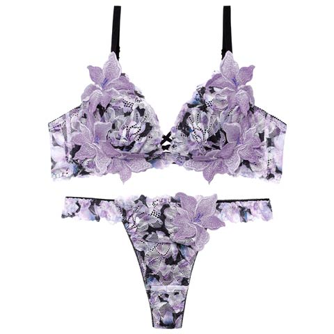 4/6新作!【Tバック】【Reinest】【永尾まりや着用】ルミナスリリーブロッサムブラジャー&バック透けTバックショーツ[推し](パープル-A65/ショーツM)