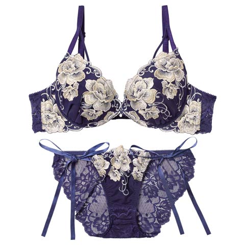 12/3新作!【Reinest】【永尾まりや着用】エターナル リッチローズブラジャー&サイド紐バック透けフルバックショーツ[推し](ネイビー-A65/ショーツM)