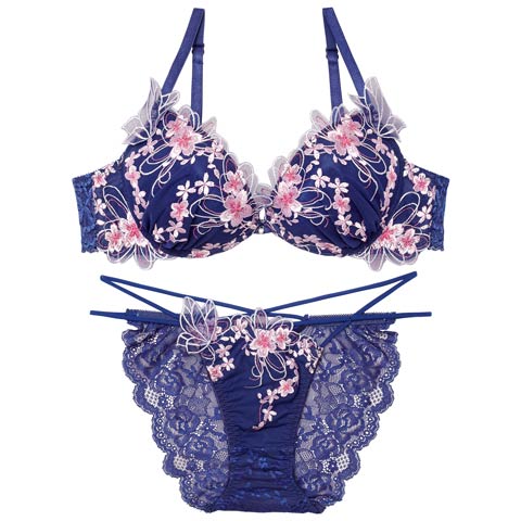 3/4新作!【Reinest】【永尾まりや着用】グレイスチェリーブロッサムブラジャー&バック透けフルバックショーツ[推し](ネイビー-A65/ショーツM)