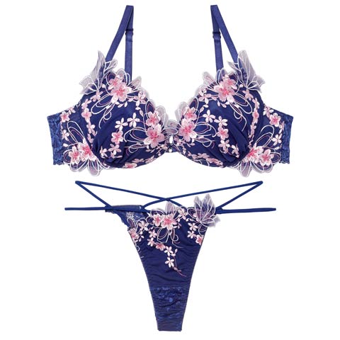 3/4新作!【Tバック】【Reinest】【永尾まりや着用】グレイスチェリーブロッサムブラジャー&バック透けTバックショーツ[推し](ネイビー-A65/ショーツM)