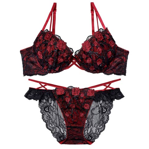 1/23新作!【Reinest】【永尾まりや着用】ミッドナイトローズクロスコードブラジャー&バック透けフルバックショーツ[推し](レッド-A65/ショーツM)