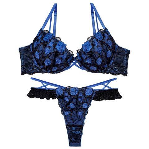 1/23新作!【Tバック】【Reinest】【永尾まりや着用】ミッドナイトローズコードブラジャー&バック透けTバックショーツ[推し](ブルー-A65/ショーツM)