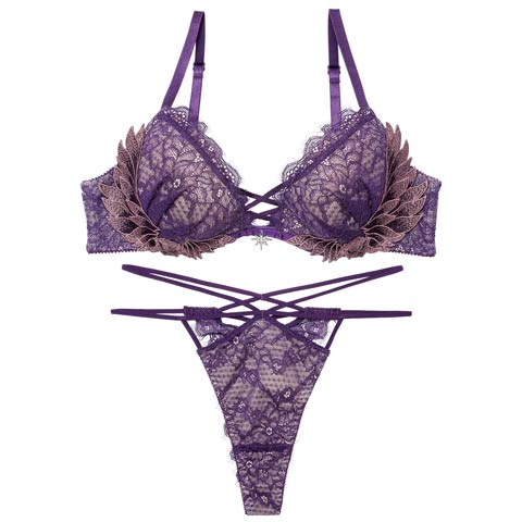 12/22新作!【Reinest】グラマラスフェザーローズブラジャー＆バック透けTバックショーツ［大人気］(パープル-A65/ショーツM)