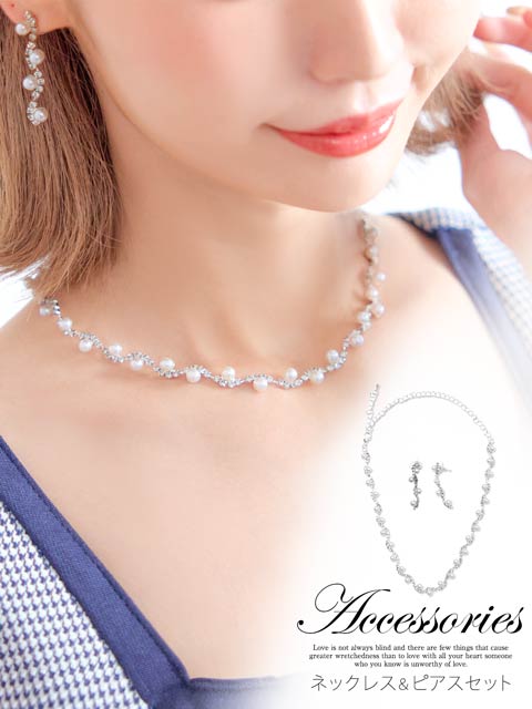 10/2再入荷![2点SET]ウェーブストーンパールネックレス＆ピアスセット[店内アクセ]