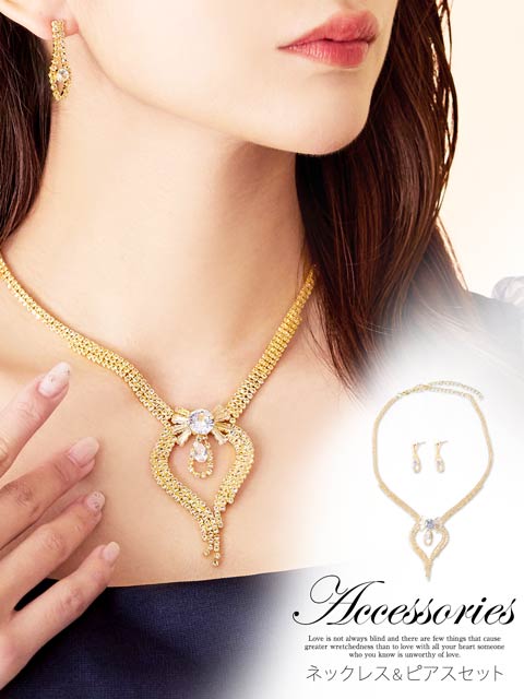 [2点SET]エレガントゴールドラインクリスタルネックレス＆ピアスセット