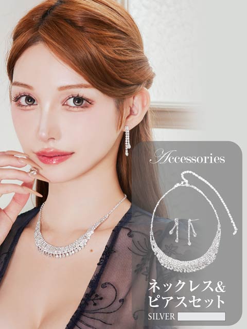 3/30新作![2点SET]ゴージャスドレープビジューネックレス＆ピアスセット[店内アクセ]