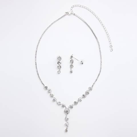 3/18新作![2点SET]ドロップVラインビジューネックレス＆ピアスセット[店内アクセ](シルバー-フリーサイズ)