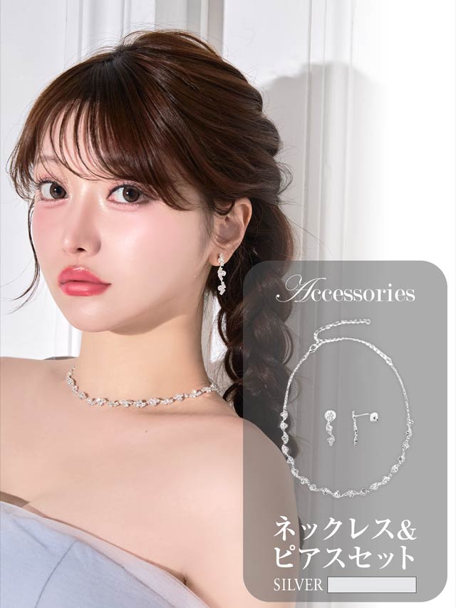 4/6新作![2点SET]シャイニーウェーブビジューネックレス＆ピアスセット[店内アクセ]