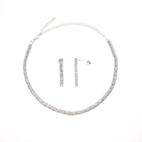 2/20新作![2点SET]シャイニーラインストーンネックレス＆ピアスセット[店内アクセ](シルバー-フリーサイズ)