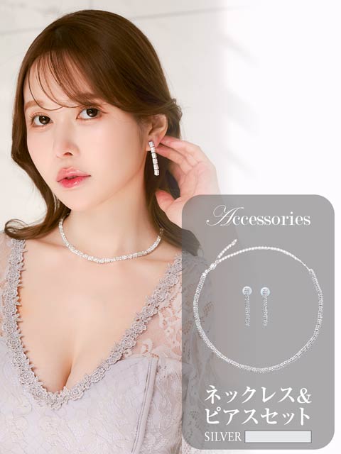 2/20新作![2点SET]シャイニーラインストーンネックレス＆ピアスセット[店内アクセ]