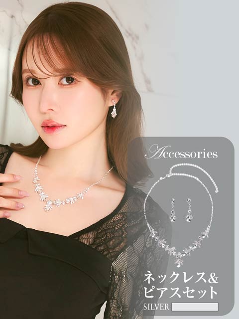 2/20新作![2点SET]ロイヤルドロップビジューネックレス＆ピアスセット[店内アクセ]