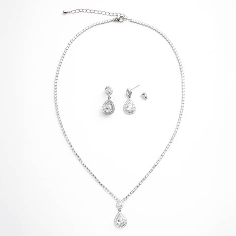 3/19新作![2点SET]ラインストーンドロップビジューネックレス＆ピアスセット[店内アクセ](シルバー-フリーサイズ)
