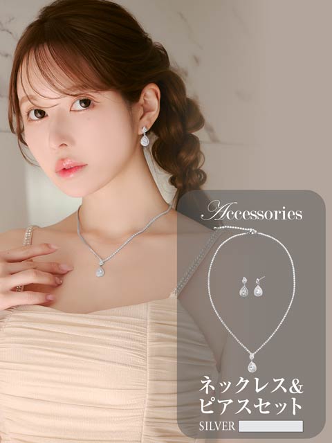3/19新作![2点SET]ラインストーンドロップビジューネックレス＆ピアスセット[店内アクセ]