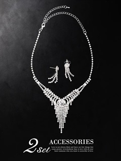 [2点SET]フロントBIGラインストーンネックレス＆ピアスアクセサリーセット