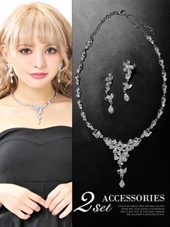 [2点SET]フラワーモチーフラインストーンネックレス&ピアスセット